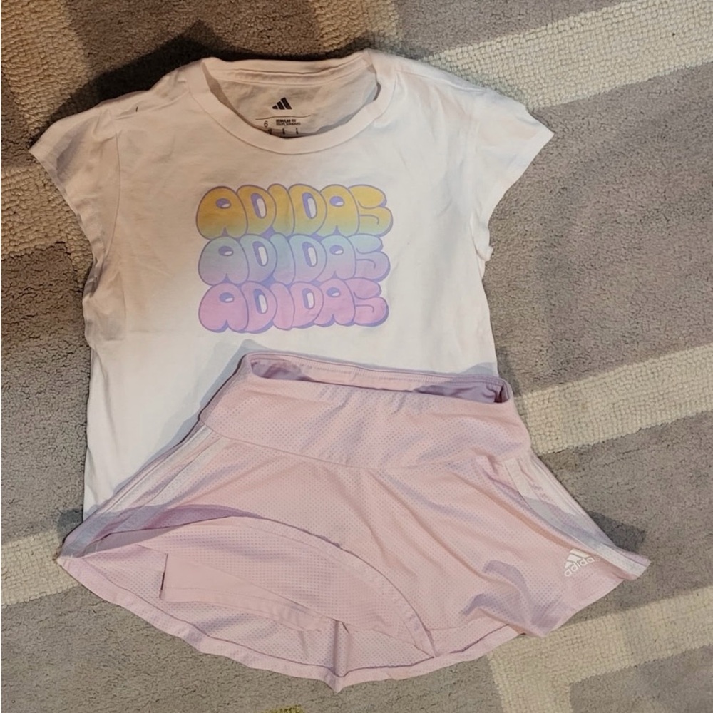 Adidas White Tee with Pastel Logo and Light Pink Skirt